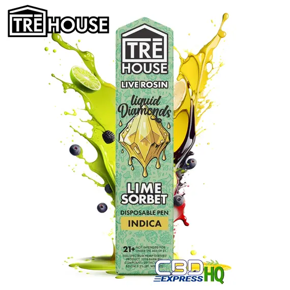 TRE House Live Rosin Liquid Diamonds Vape Pen + D8 + D9 + D10 + HHC + THCP – Lime Sorbet – Indica – 2g